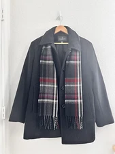 London Fog Wool Blend Women's Size XL Black Winter Coat Button Up Plaid Scarf