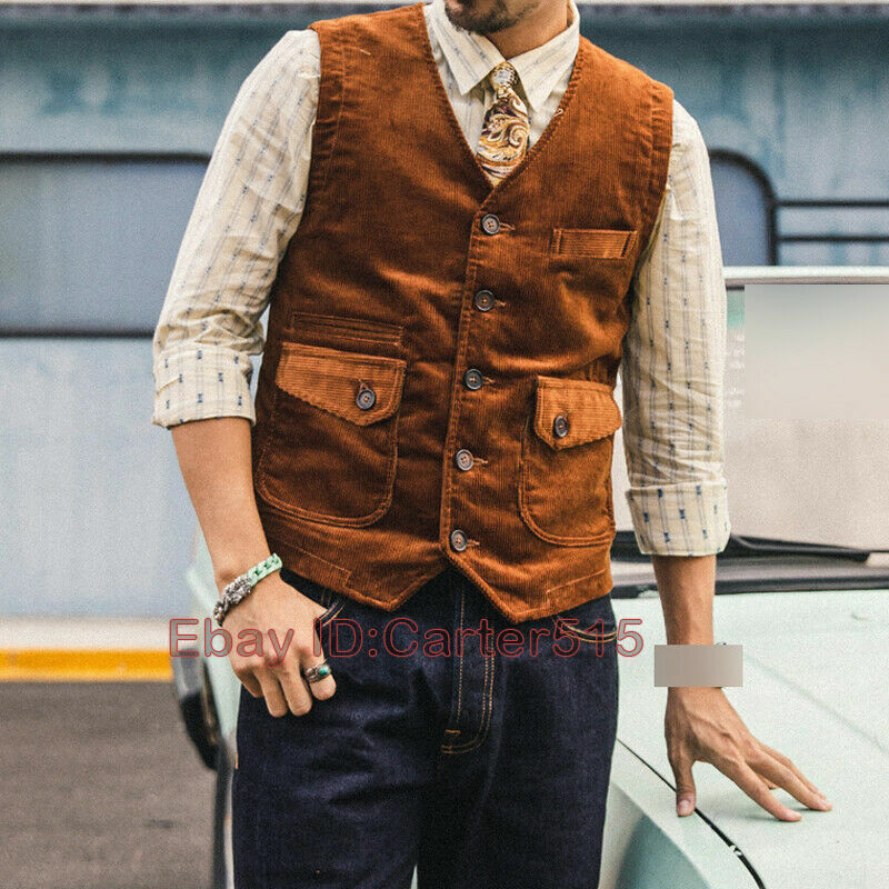 Men's Corduroy Vest Retro Warm Gentry Overalls Waistcoat Casual Work Jacket