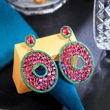 Black Gold Plated CZ Hot Pink Green Crystal Women Round Drop Dangle Earrings