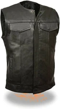 Men's Basic Leather Motorcycle Vest Zipper & Snap Closure Single Panel Back