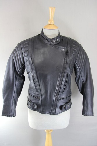 RHINO BRITISH DESIGNED BLACK COWHIDE LEATHER BIKER JACKET: SIZE 10 32 INCH