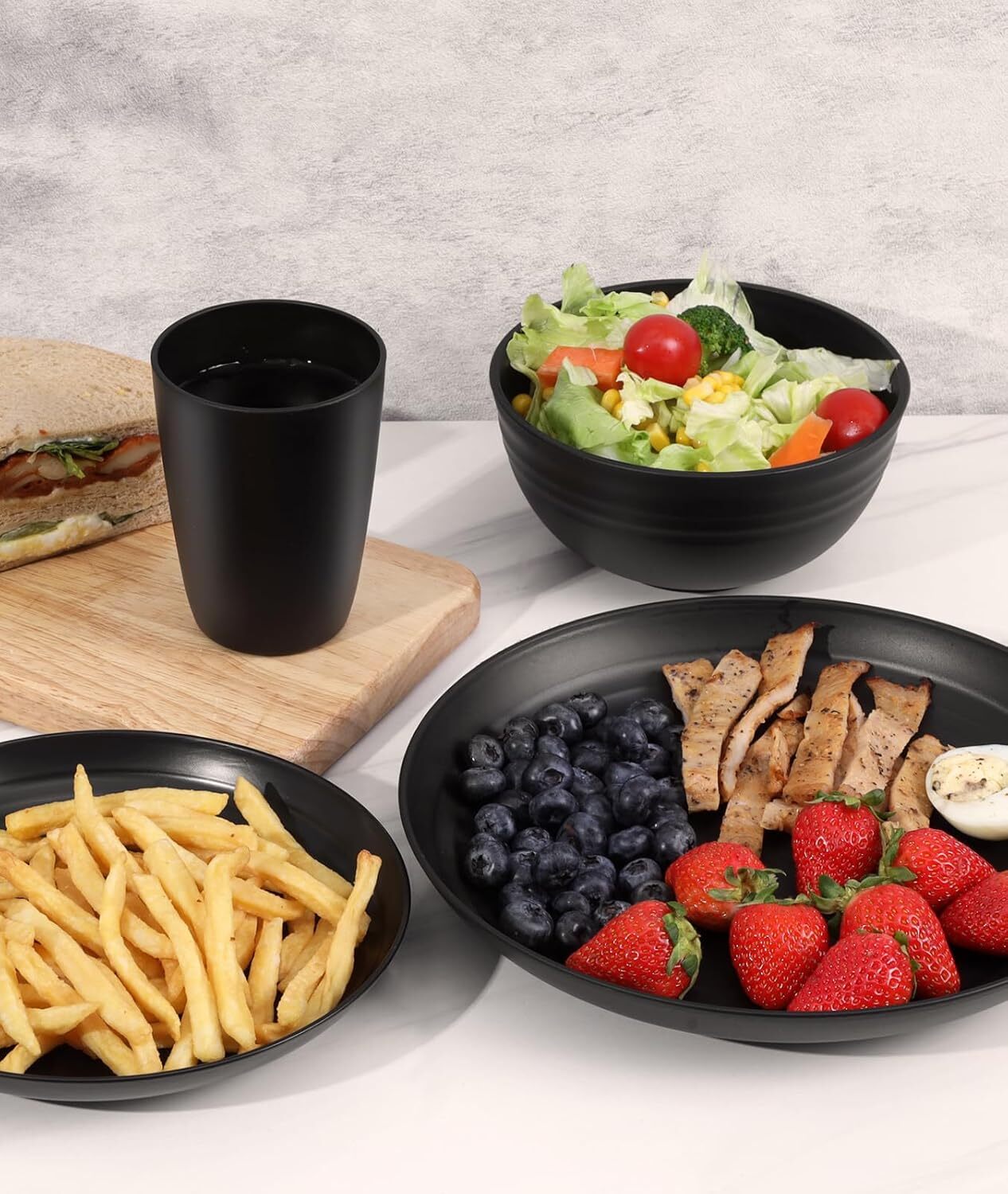 Black 24 Pcs Plates and Bowls, Wheat Straw Dinnerware Sets, Plastic Dish Set