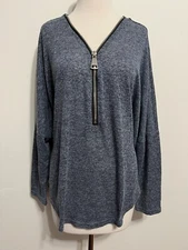 Joan Vaas Zipper V-Neck Drop Shoulder Dolman Sweater Navy & Gray Heather Size L