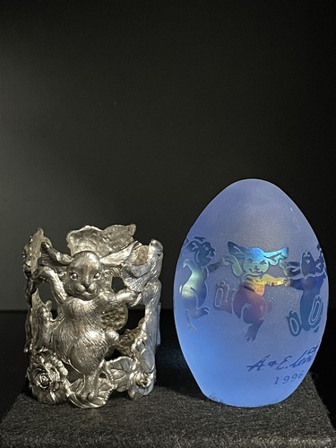Rare Paperweight Frost Blue Iridized Glass Egg Metal Stand Velvet Box 1996 Gift - Picture 6 of 24