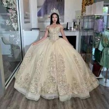 Elegant Champagne Quinceanera Dress Gold Lace Sequin Applique Ball Gown Sweet16-