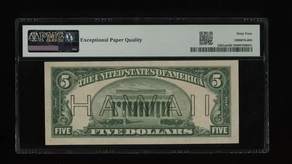 DBR 1934 $5 FRN Hawaii Mule Fr. 2301m PMG 64 EPQ Serial L14652605A - Image 2 of 2