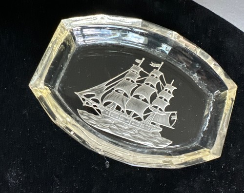Glas Salzkeller Butterdose Schmuck Tablett geätzt groß Schiffe Segelboot Vintage