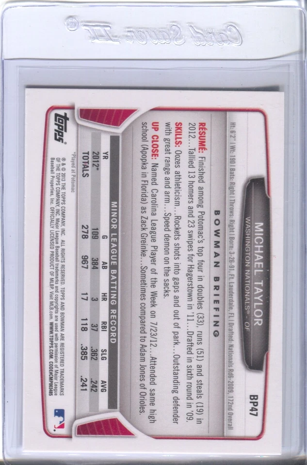 MICHAEL A TAYLOR 2013 Bowman Prospects #BP47 - Image 2 of 2