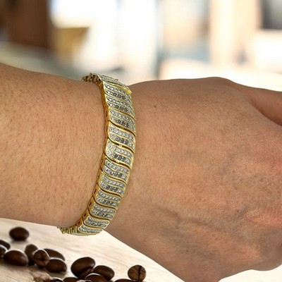 1 Carat Rose Cut Diamond Wave Bracelet With Yellow Gold Overlay, 7 Inches