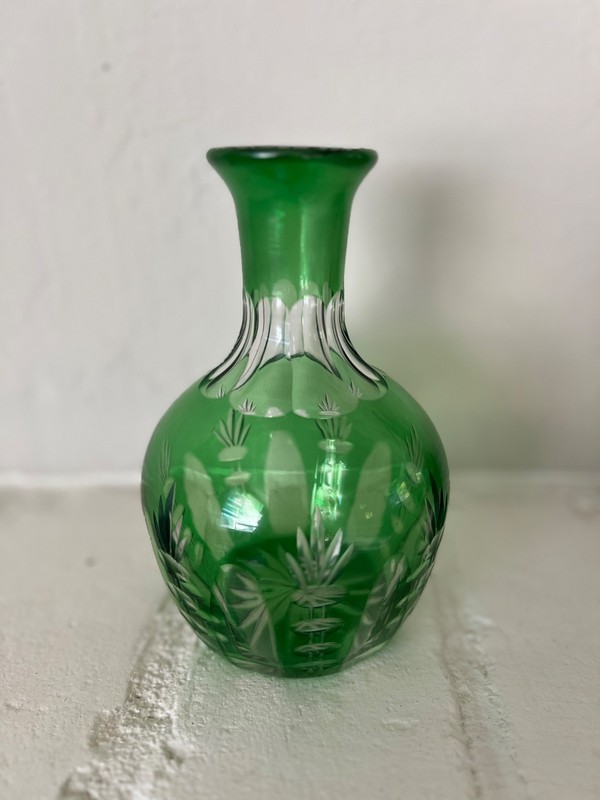 Emerald Green Cut-to-Clear Crystal Bud Vase Carafe Bohemian c. Mid-20th C