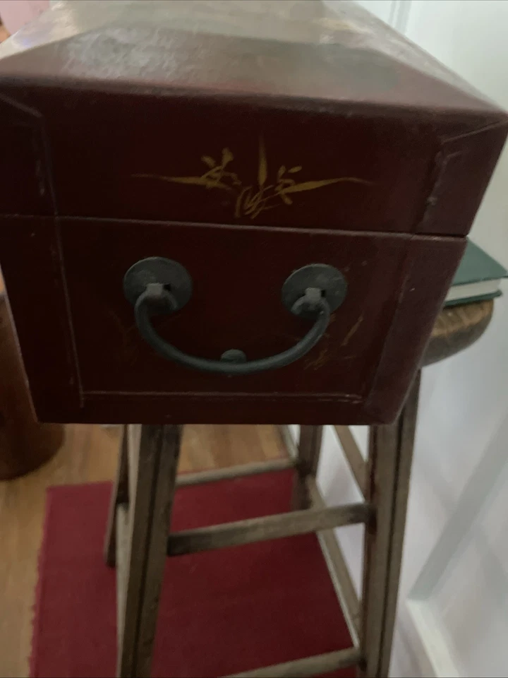 Rare Antique Japanese Meiji Leather Lined Hand Painted Wooden Jewelry Box 17” - Image 4 of 4