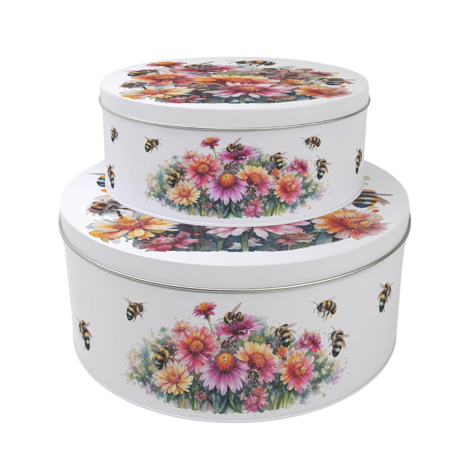 Flowers & Bees Cake Tin Set - Round Metal Kitchen Storage Baking Gift
