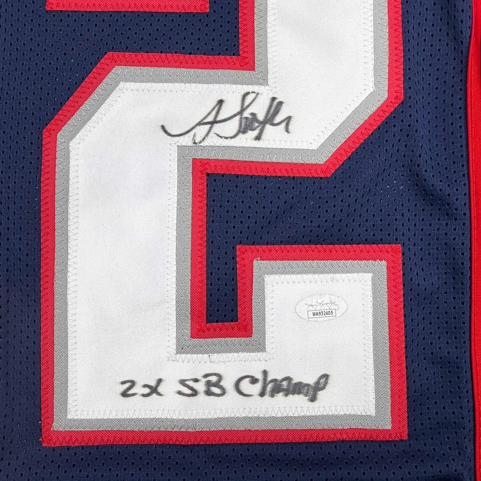 Camiseta deportiva azul autografiada/firmada Antowain Smith 2x SB Champ New England certificado de autenticidad JSA Foto 3 de 4