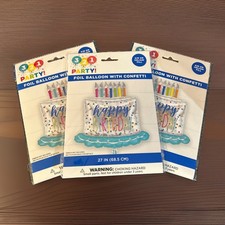 321 PARTY HAPPY BIRTHDAY Cake Foil Balloon With Confetti 3 PACK! Air Or Helium