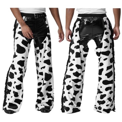 DE Herren Kuh Spot Cowboy Chaps verstellbare Taille Flannel Hosen Seite Tassel