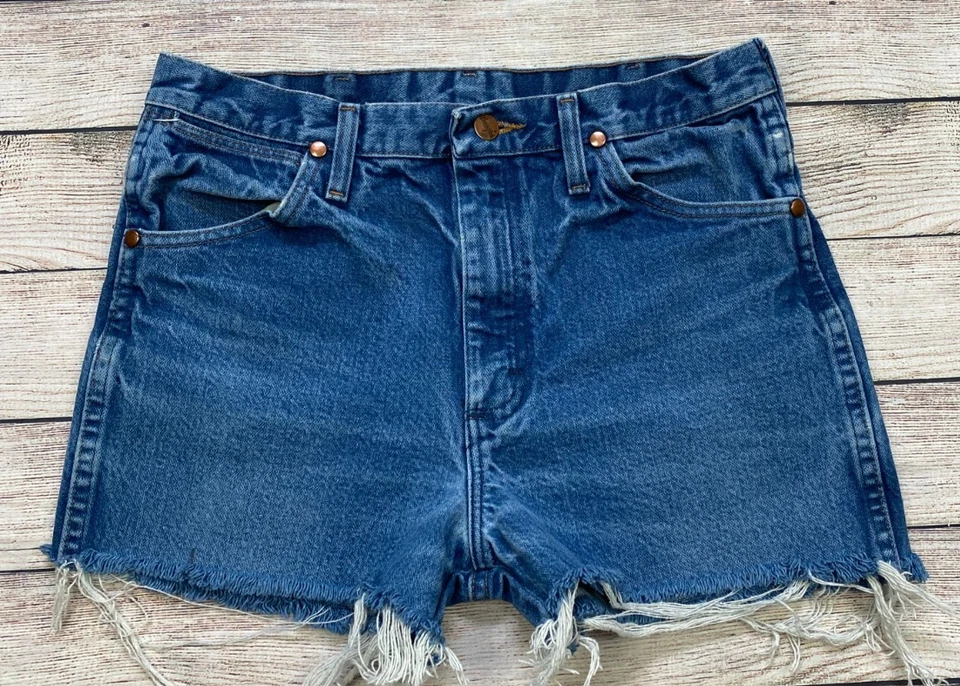 Pantalones Cortos de Jean Wrangler Denim Talla 31 Cortados Flecos Para Hombre Mujer Tiro Alto Rodeo Foto 3 de 4