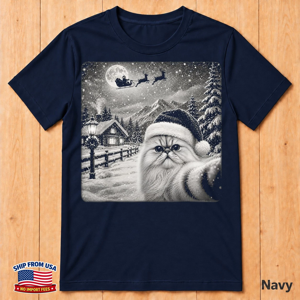 Starry Moon Night Santa Sleigh Persian Cat Christmas Xmas T-shirt image 2