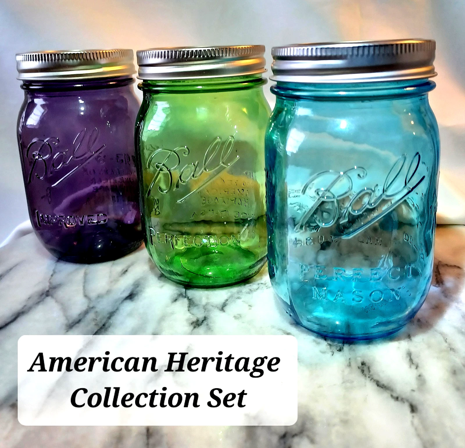 BALL MASON JARS Purple Blue Green ~ American Heritage Collector's Set ~ Lot of 3