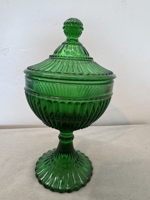 Vintage grün Glas Königskrone Daumenabdruck Standfuß Bonboniere mit Deckel