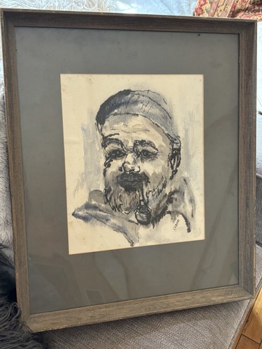 VTG WATERCOLOR INK PAINTING ~CAROL SEBOLD ARTIST ~ Impressionist Seaman Portrait - Picture 2 of 7