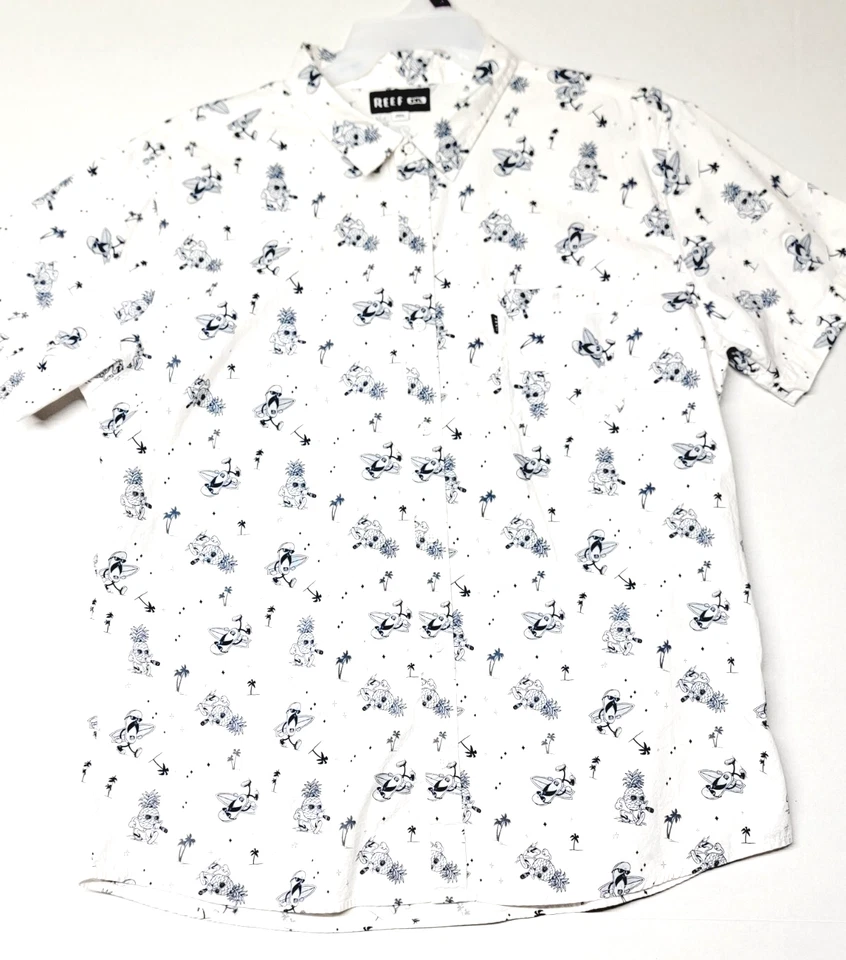 Camisa hawaiana REEF 2XL para hombre manga corta con botones algodón surfista blanca azul Foto 3 de 4