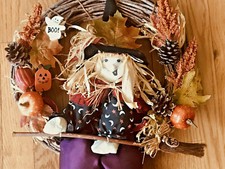 Halloween Wreath Witch With Pumpkins, Leaves  Ghost 14  Vintage Good Condition