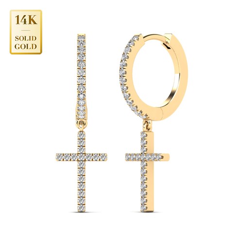 Pendientes colgantes de aro cruzado de diamantes de oro liso de 14 K REAL - Imagen 8 de 11
