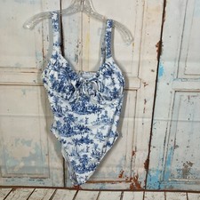 Zaful Forever young Swimsuit Figurines Scene Print Blue White 1 Piece Sz L NWT