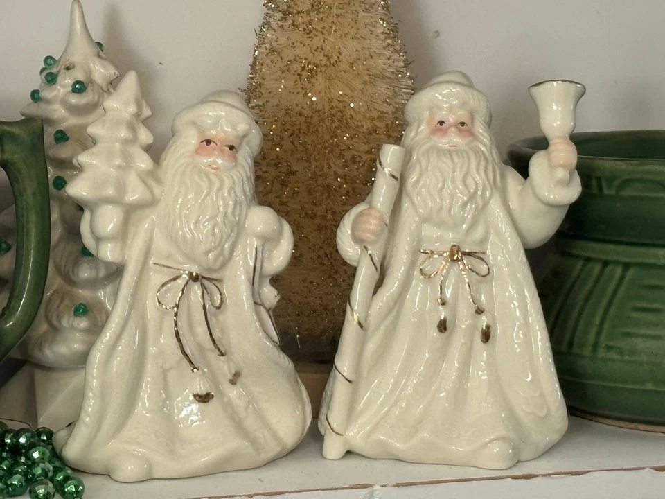 Set of 2 White Porcelain Santa Figures Shelf Sitter Figurines 6" w gold trim - Image 2 of 4