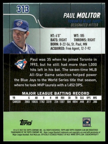 2022 Stadium Club Chrome #313 Paul Molitor Toronto Blue Jays Baseball - Picture 2 of 2
