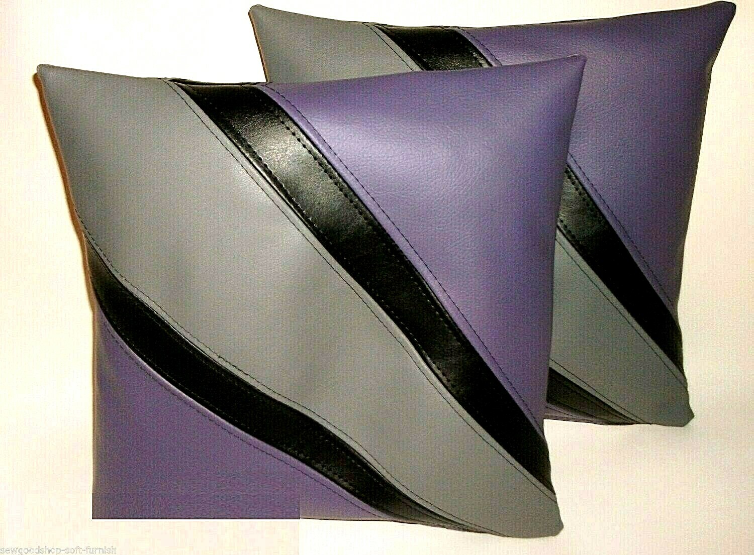 2 Purple Black & Grey Fan Stripe Faux Leather Cushion Covers 16