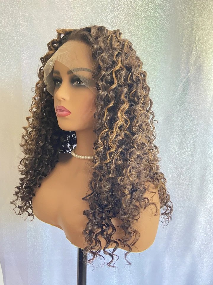 Pelucas delanteras de encaje completo mezcla cabello humano largas rizadas resaltar rubio calor OK 6/27 Foto 3 de 4