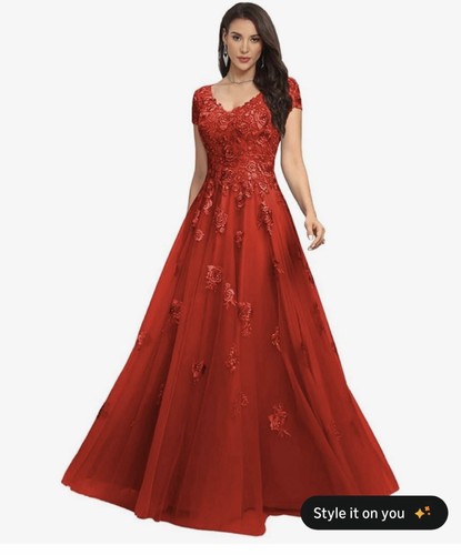 Women’s Red Lace Applique Floral A-Line Long Gown V-Neck Short Sleeve