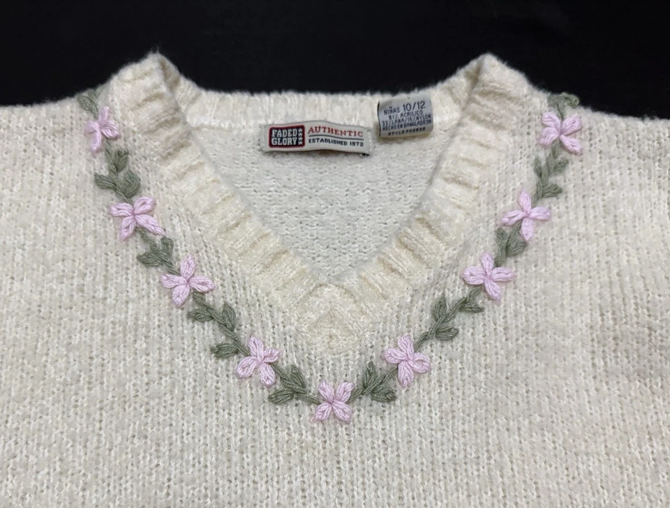 Suéter De Colección Gloria Desteñido Niña Talla 10/12 Niños Ropa Floral Bordado Lana Y2K Foto 2 de 4