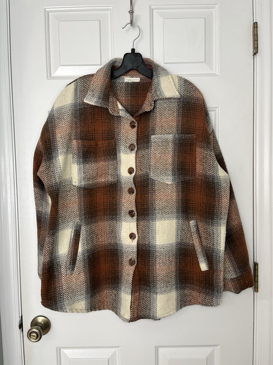 Gilded Intent Oversized Plaid Shacket Jacket Women M Orange Cream Wool Blend