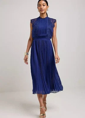 Kaleidoscope Azul Marino Plisado Ribete de Encaje Midi Vestido Talla UK 20 ( - Imagen 1 de 3