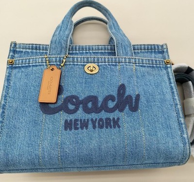 Coach Field Tote 22 Blue Denim Leather 2WAY Satchel Shoulder Bag CR659 Uded
