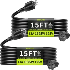 16/3 Black 15 FT (2Pack) Extension Cord, Indoor Extension Cord for Laptops, Coff