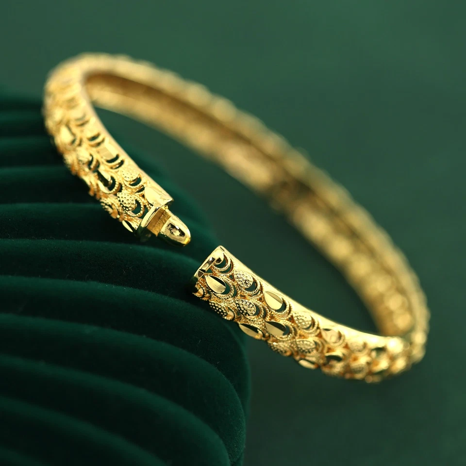 24K FILIGREE GOLD FILLED 8MM PEACOCK FEATHER ANTIQUE BAND WOMENS BANGLE BRACELET — 第 4/4 张图片