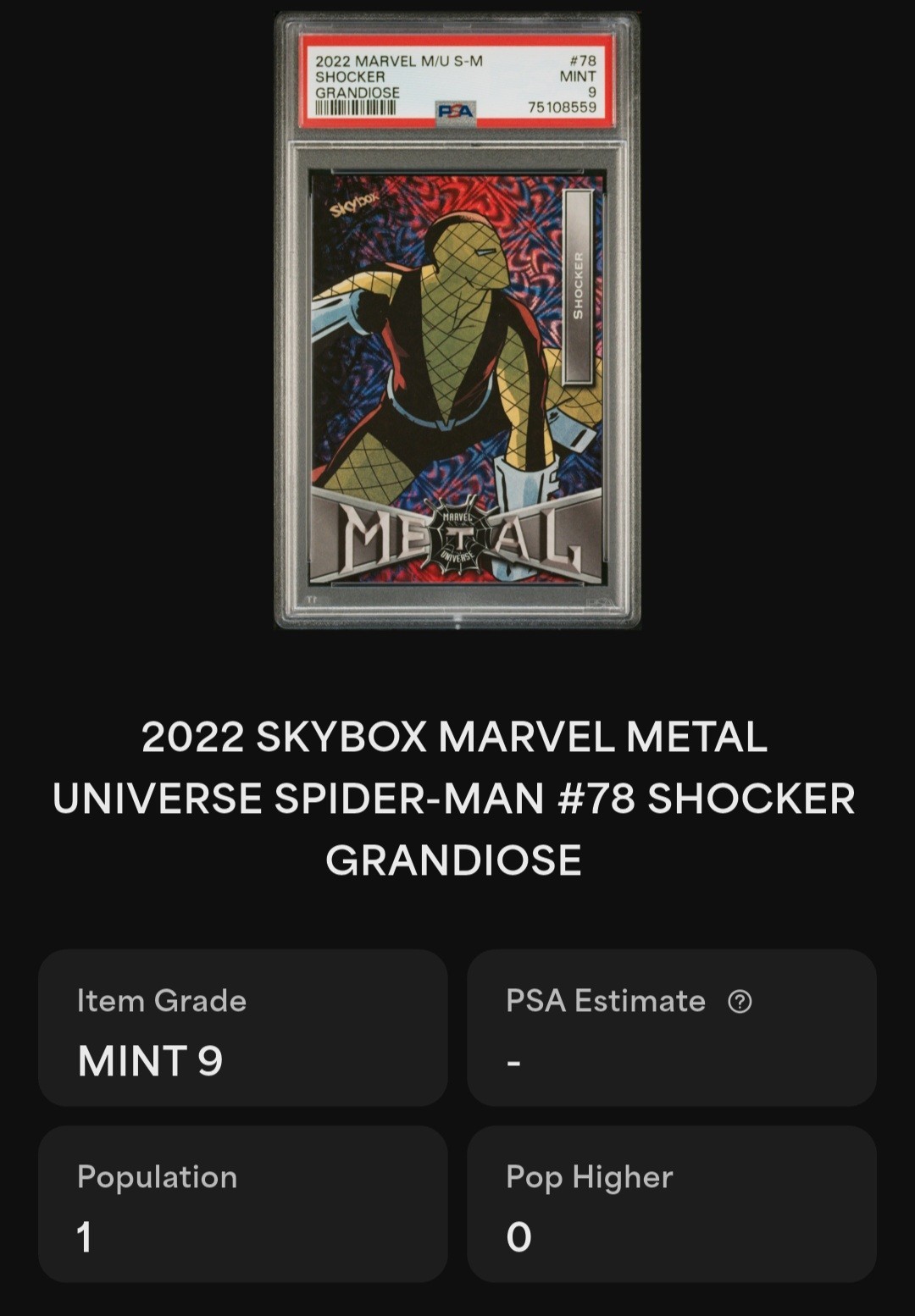 2022 Skybox Marvel Metal Universe Spiderman #78 Shocker Grandiose  POP 1