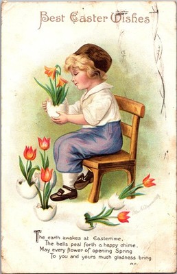 Postcard Ellen Clapsaddle Best Easter Wishes Girl Admiring Tulips Posted 1915