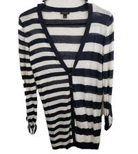 Ann Taylor Cardigan Womens Small White Navy Linen Striped Button Front Preppy