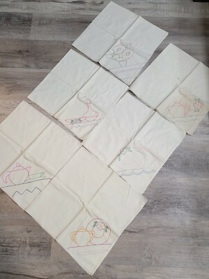 vtg tea party set teapot sampler linen towels Retro embroidered cross stitch