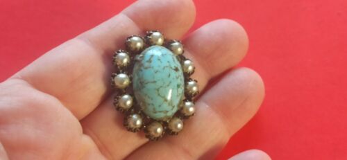 Bijoux ancien belle broche Turquoise avec des perles - Photo 1/3