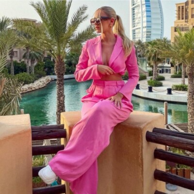 ZARA セットアップ Zara Set Outfit Satin Effect Pants and Cropped Blazer Pink 2010