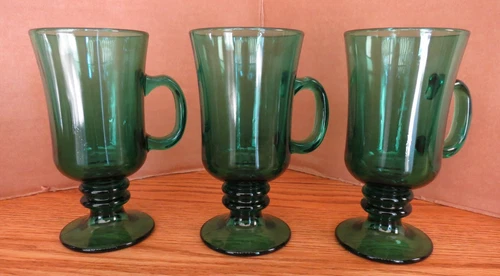 Libbey Juniper Green Glass Footed Irish Coffee Mugs No Gold Rim Set of 3