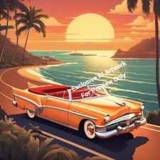 Digital Image AI Art Vintage 1950s Convertible Packard Car on Coastal Highway