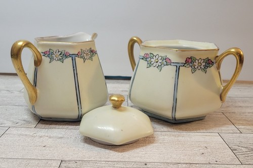 Vintage Hand Painted Creamer and Covered Sugar Made in Germany Hexagon Shape - Picture 3 of 8