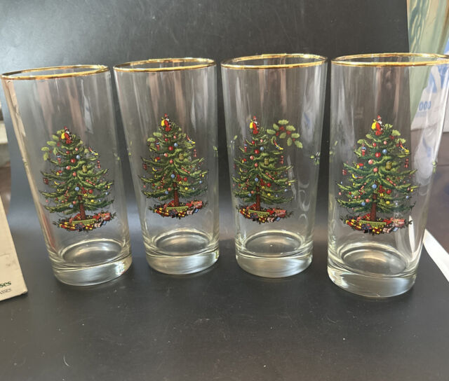 Spode Christmas Tree Highball Tall Drinking Glasses 4 Gold Rim Vintage