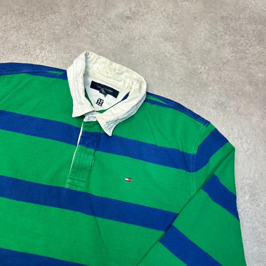 Tommy Hilfiger Rugby Polo Shirt Mens XL Flag Logo Striped Long Sleeve Top, Green image 2